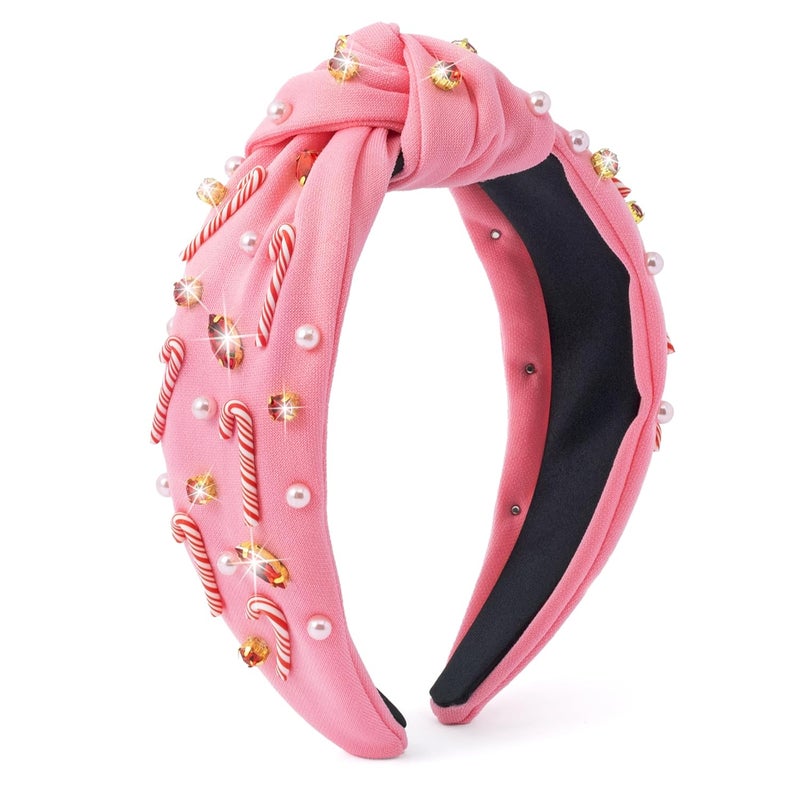 PANTIDE Christmas Jeweled Knotted Headband - Xmas Candy Cane Rhinestone Crystal Pearl Embellished Headband None Slip Wide Top Knot Fashion Hairband Hair Accessories Birthday Gift for Women Girl (Pink) - Image 1